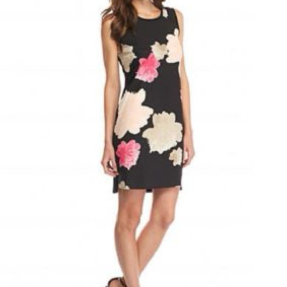 Calvin Klein Black Work Dress with Pink and Cream Floral Pattern Size 6 - Picture 1 of 4